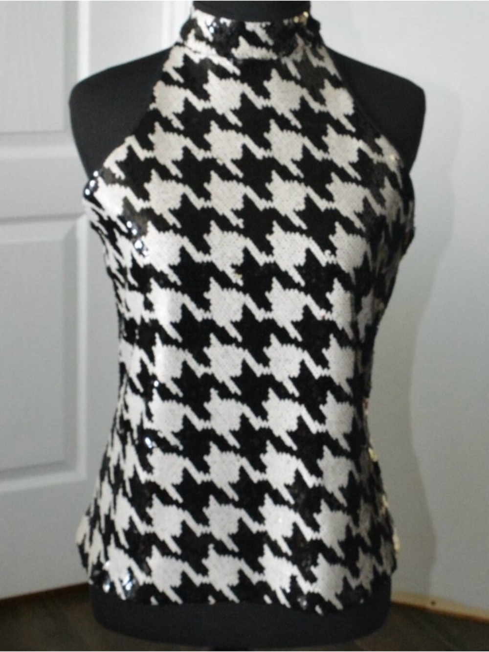 INC International Concepts Black and White Houndstooth Sequin Halter Camisole